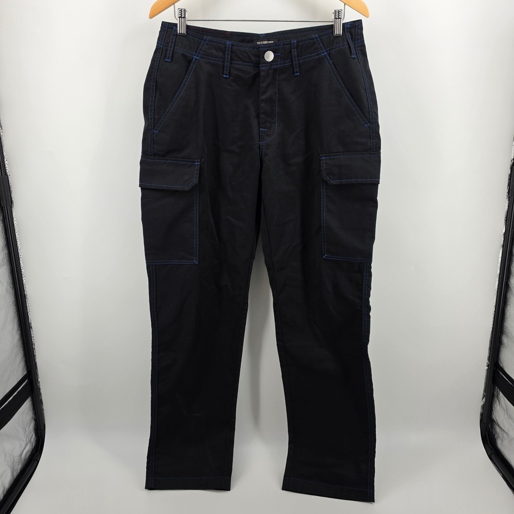 True Religion Mens Cargo Pants Jet Black Pacific Blue Contrast Stitch 30 X 32